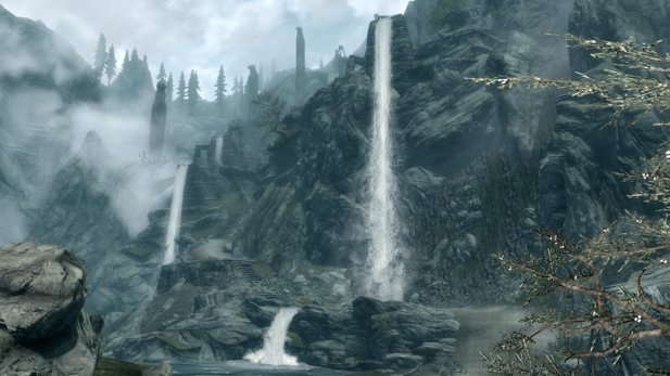 Unexpected treasures are hidden behind these walls of water. (Image: Spectacular Waterfalls Mod, Skyrim)